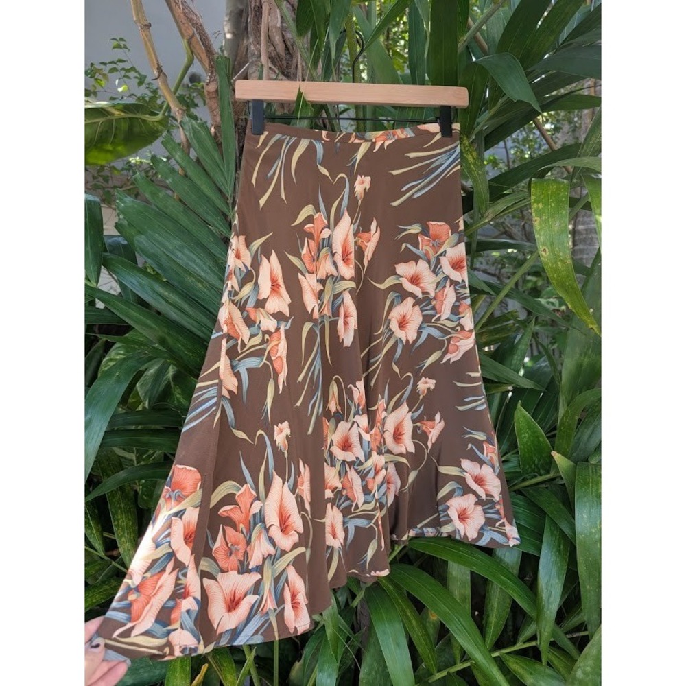 Y2K jones new york midi skirt 100% silk 4 brown floral tropical resort wear